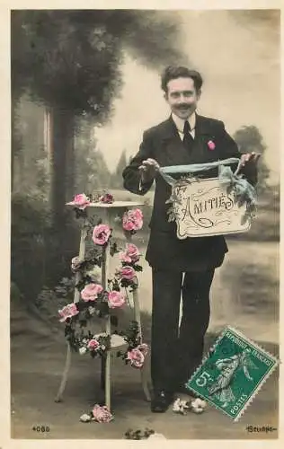 cpa salutations bonheur homme élégant mode moustache and Amities card
