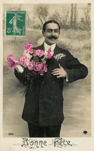 cpa salutations bonheur homme élégant mode moustache and Bonne Fete
