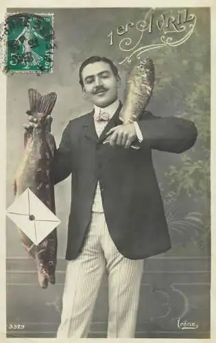 cpa salutations bonheur homme élégant mode moustache and fish 1er Avril