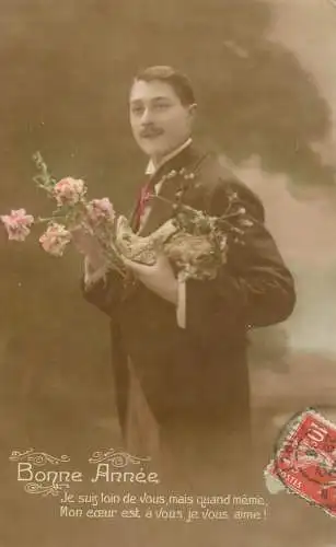 cpa salutations bonheur homme élégant mode moustache and Bonne Annee