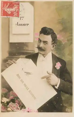cpa salutations bonheur homme élégant mode moustache and 1er Janvier
