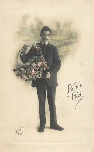 cpa salutations bonheur homme élégant mode moustache and Bonne Fete
