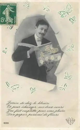 cpa salutations bonheur homme élégant mode moustache and queil