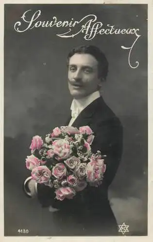cpa salutations bonheur homme élégant mode moustache and flowers
