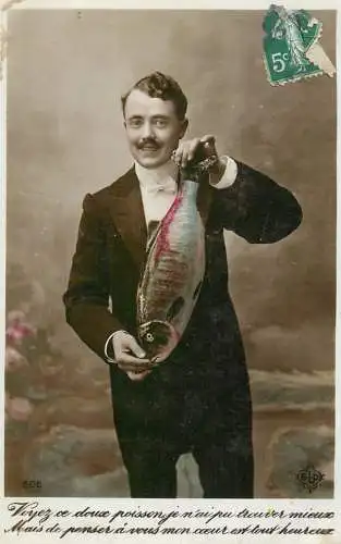 cpa salutations bonheur homme élégant mode moustache and fish