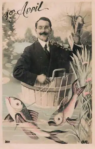 cpa salutations bonheur homme élégant mode fish 1er avril