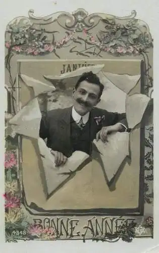 cpa salutations bonheur homme élégant mode flower Bonne Annee