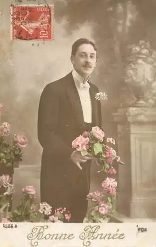 cpa salutations bonheur homme élégant mode flower Bonne Annee