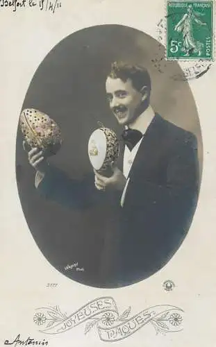 cpa salutations bonheur homme élégant mode flower Joyeuses Paques