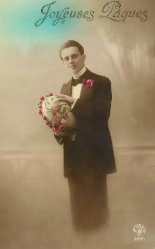 cpa salutations bonheur homme élégant mode flower Joyeuses Paques