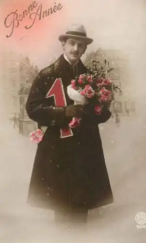cpa salutations bonheur homme élégant mode flower Bonne Annee