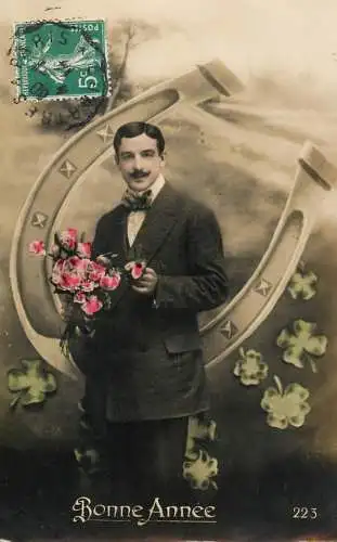 cpa salutations bonheur homme élégant mode flower Bonne Annee