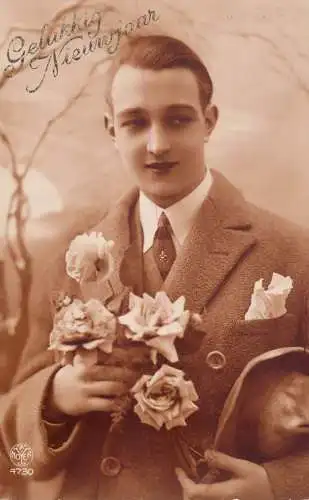 cpa salutations bonheur homme élégant mode flower Helukkig Nieuwjaar