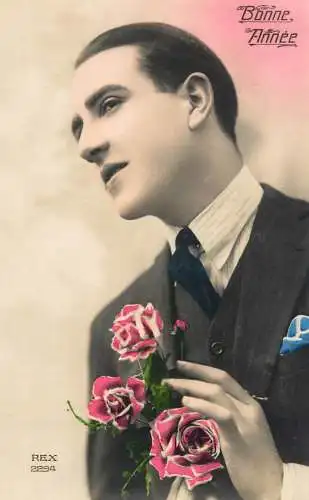 cpa salutations bonheur homme élégant mode flower Bonne Annee