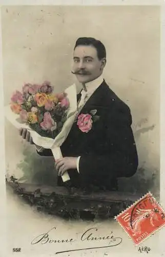 cpa salutations bonheur homme élégant mode flower Bonne Annee