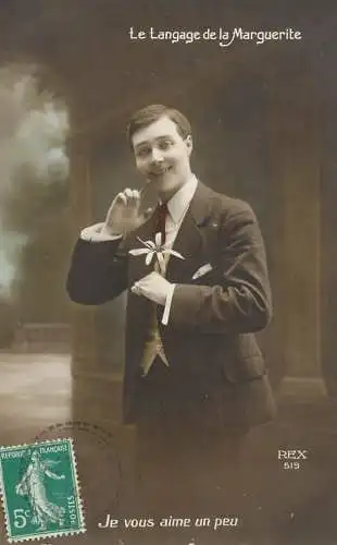 cpa salutations bonheur homme élégant mode flower je vous aime un peu
