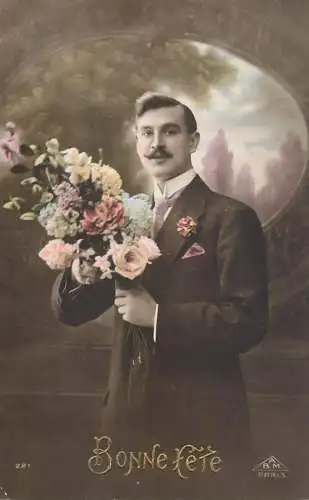 cpa salutations bonheur homme élégant mode flower Bonne Fete