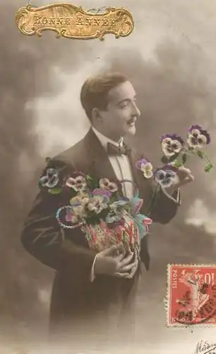 cpa salutations bonheur homme élégant mode flower Bonne Annee