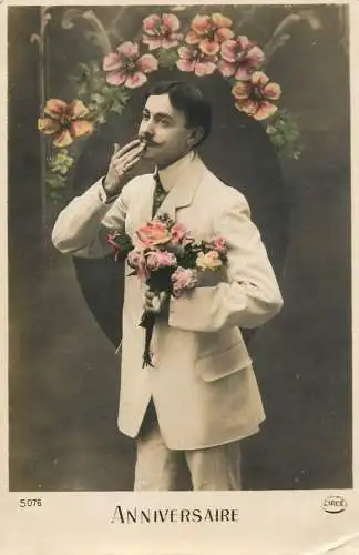 cpa salutations bonheur homme élégant mode flower Anniversaire