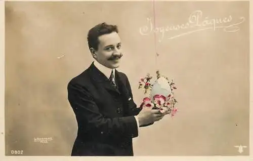 cpa salutations bonheur homme élégant mode flower Joyeuses Paques