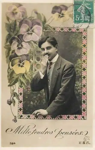 cpa salutations bonheur homme élégant mode flower moustache