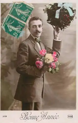 cpa salutations bonheur homme élégant mode flower Bonne Annee