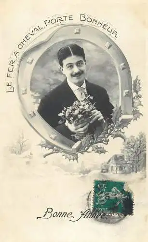 cpa salutations bonheur homme élégant mode flower Bonne Annee