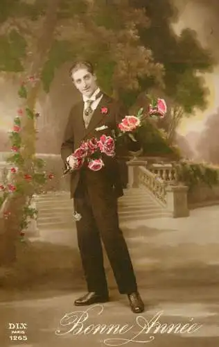cpa salutations bonheur homme élégant mode flower Bonne Annee