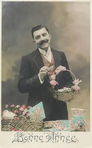cpa salutations bonheur homme élégant mode flower Bonne Annee