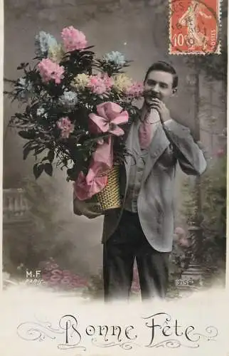 cpa salutations bonheur homme élégant mode flower Bonne Fete