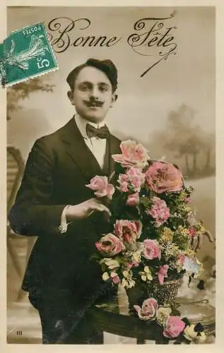 cpa salutations bonheur homme élégant mode flower Bonne Fete