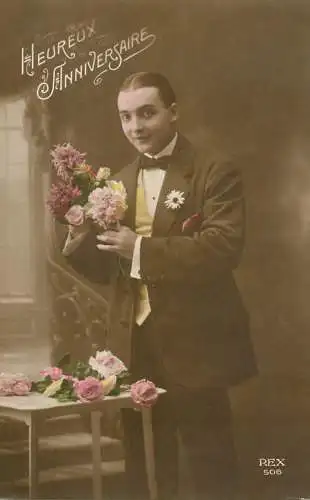 cpa salutations bonheur homme élégant mode flower Heureux Anniversaire