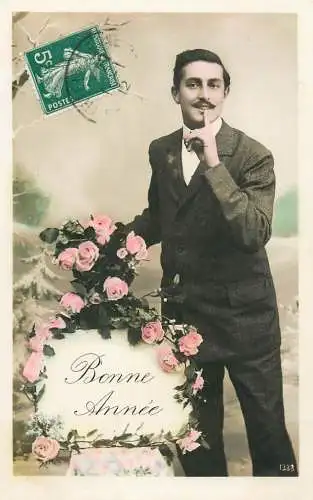 cpa salutations bonheur homme élégant mode flower Bonne Annee