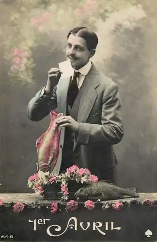 cpa salutations bonheur homme élégant mode flower 1er Avril