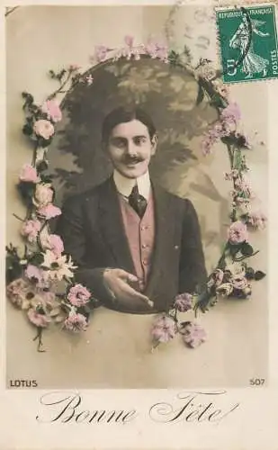 cpa salutations bonheur homme élégant mode flower Bonne Fete