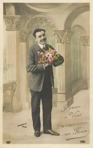 cpa salutations bonheur homme élégant mode flower je pense a vous