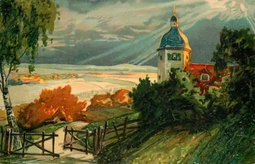 AK Allemagne Landschaft painting village and church