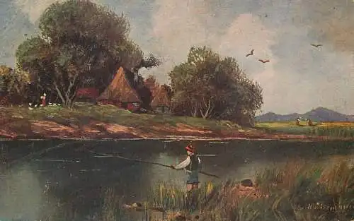 AK Allemagne Landschaft painting village and creek fishing