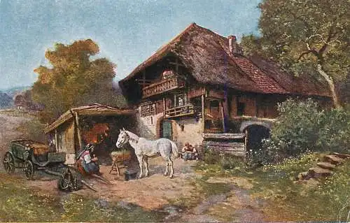 AK Allemagne Landschaft painting house and horse