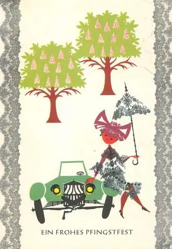 Greetings card elegant woman and automobile drawing