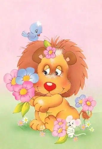 Greetings card animals lion, bird and mouse flowers