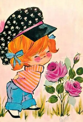 Greetings card Children girl smelling roses