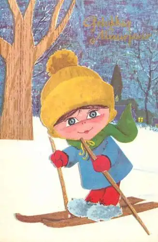 Greetings card Children girl skiing