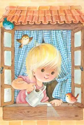 Greetings card Children girl wathering flowers birds