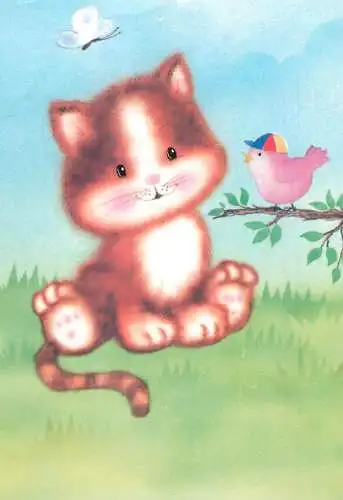 Greetings card cat and bird