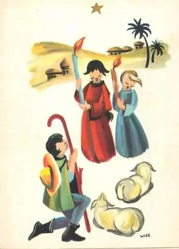 Greetings card religious scene angels and shepherd