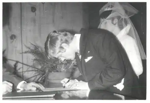 Real photo social history wedding groom signing papers