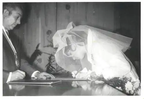 Real photo social history wedding bride signing papers