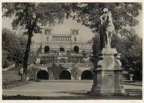 Germany Potsdam Sans Souci orangery and statue of Frederic the Great