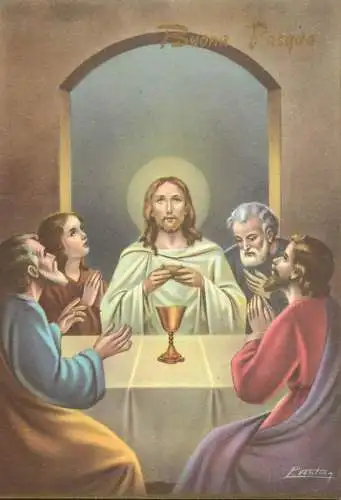 Buona Pasqua Emmaus dinner religious illustration